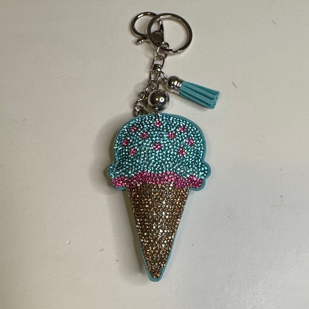 Glittery Ice Cream Cone Keychain - Blue and Gold